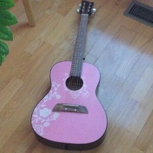 Kids Pink Acoustic Guitar with Floral Design